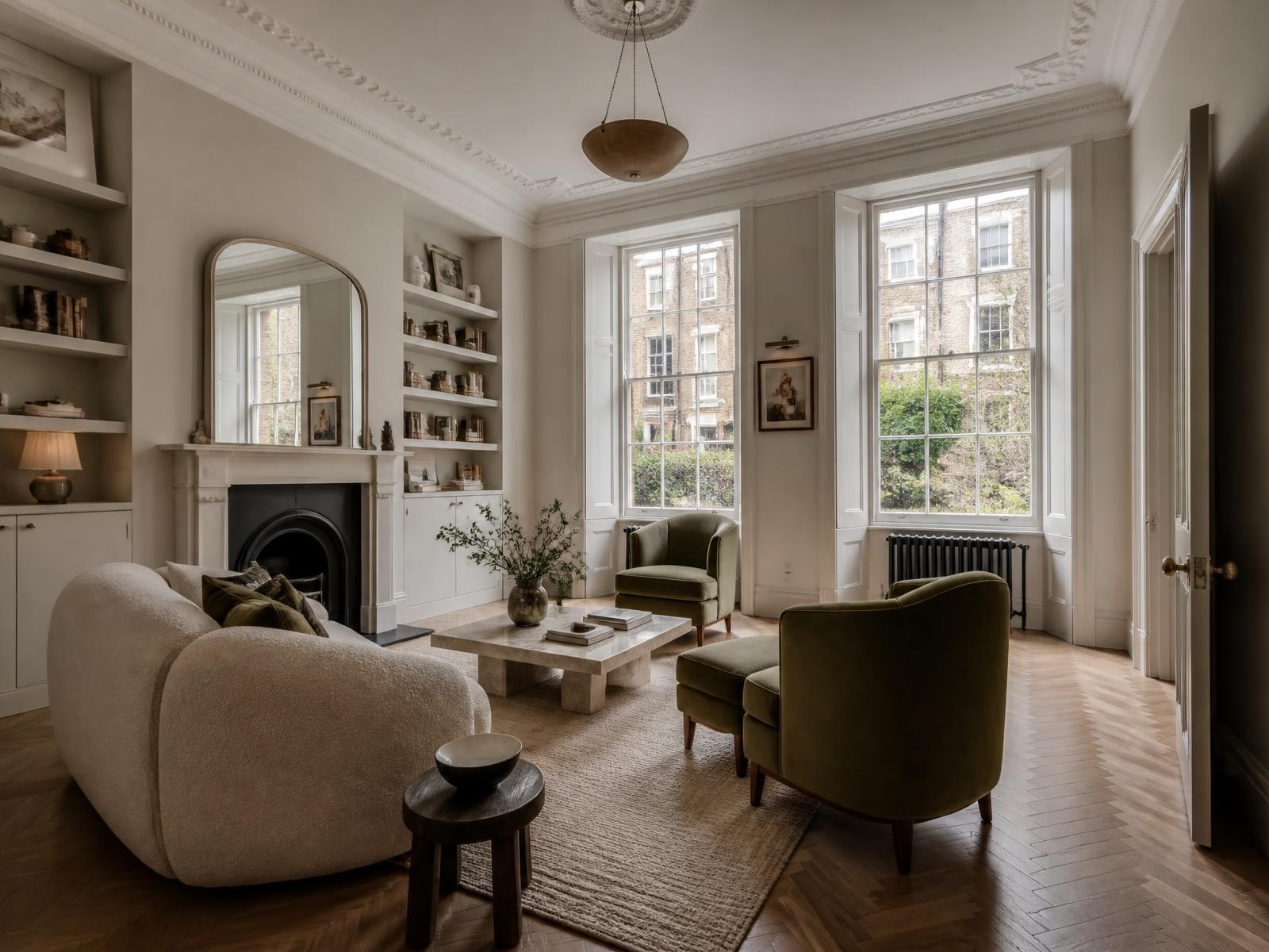 Renovated period living room in a London townhouse with herringbone flooring and restored cornicing